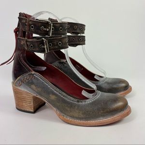 Freebird Candella leather heels round toe two strap studded tassel distressed.